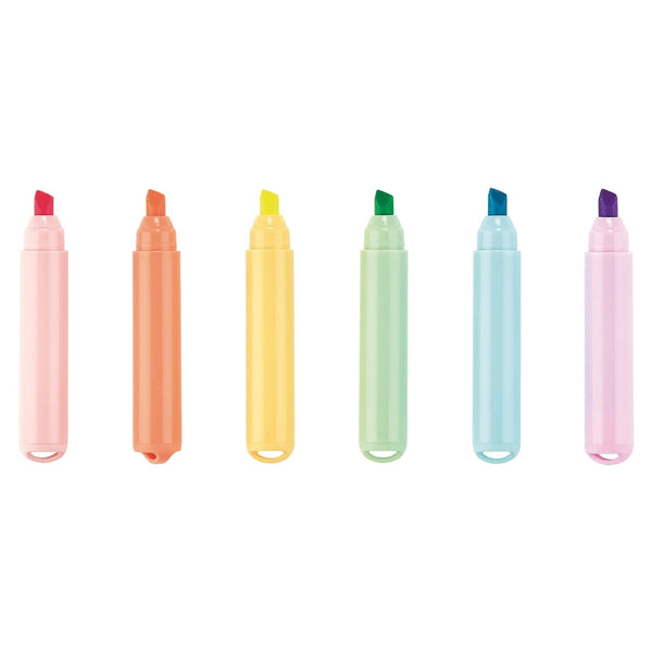 6 mini scented neon highlighters with the tops off. These scented highlighters are the following colors and their scents--pink=strawberry, orange=orange, yellow=banana, green=melon, blue=blueberry, purple=grape.
