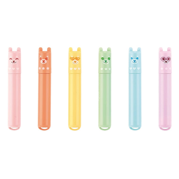 6 mini scented neon highlighters. These scented highlighters are the following colors and their scents--pink=strawberry, orange=orange, yellow=banana, green=melon, blue=blueberry, purple=grape. Each highlighter has a bear shaped lid.