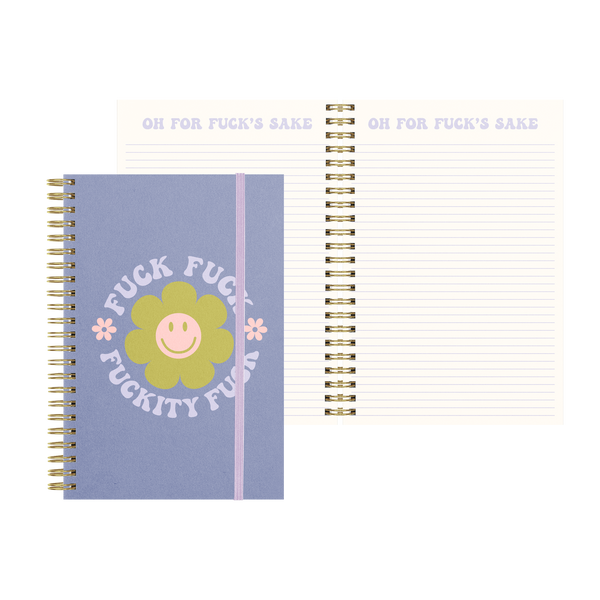 Pastel purple "fuck fuck fuckity fuck"  notebook with a green smiling flower and a purple strap with colorfully lined paper