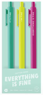 Bright and colorful “Everything is Fine” Toot Jotters gel pens 3-pack by Toot, featuring fun phrases like “IT’S FINE,” “I’M FINE,” and “EVERYTHING IS FINE” — perfect for sarcastic journaling or office humor with these unique Toot Gel Pens.