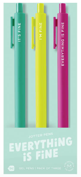 Bright and colorful “Everything is Fine” Toot Jotters gel pens 3-pack by Toot, featuring fun phrases like “IT’S FINE,” “I’M FINE,” and “EVERYTHING IS FINE” — perfect for sarcastic journaling or office humor with these unique Toot Gel Pens.