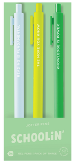 "Schoolin’" TOOT jotter pens — bright and bold 3-pack of gel pens with educational phrases “READING IS FUNDAMENTAL,” “THE MORE YOU KNOW,” and “KNOWLEDGE IS POWER,” in light blue, yellow, and green barrels.