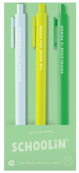 "Schoolin’" TOOT jotter pens — bright and bold 3-pack of gel pens with educational phrases “READING IS FUNDAMENTAL,” “THE MORE YOU KNOW,” and “KNOWLEDGE IS POWER,” in light blue, yellow, and green barrels.