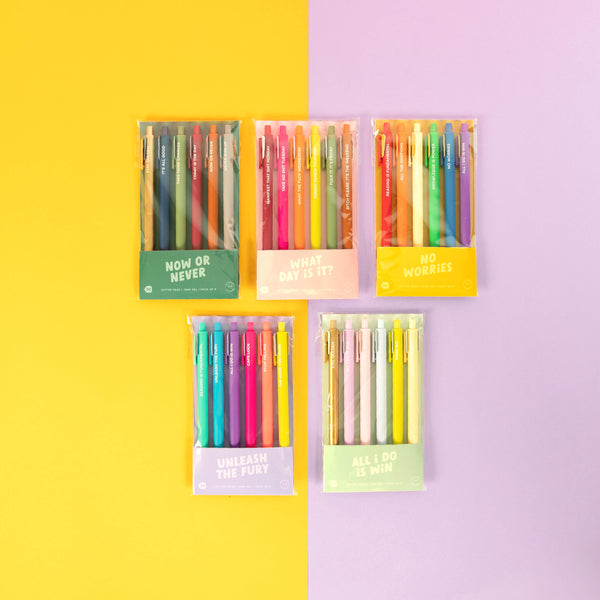 All 6 pack jotters displayed on a yellow and periwinkle background