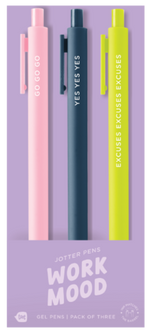 Colorful “Work Mood” Toot Jotters gel pens 3-pack by Toot, featuring fun phrases like “GO GO GO,” “YES YES YES,” and “EXCUSES EXCUSES EXCUSES” – perfect Toot Gel Pens to match your daily office energy and keep you motivated.