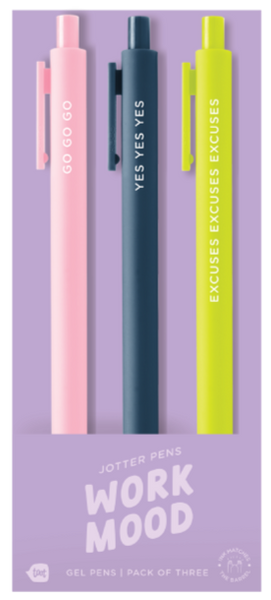 Colorful “Work Mood” Toot Jotters gel pens 3-pack by Toot, featuring fun phrases like “GO GO GO,” “YES YES YES,” and “EXCUSES EXCUSES EXCUSES” – perfect Toot Gel Pens to match your daily office energy and keep you motivated.