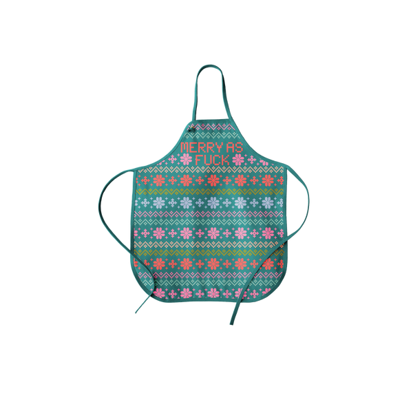 "merry as fuck" apron with red text.