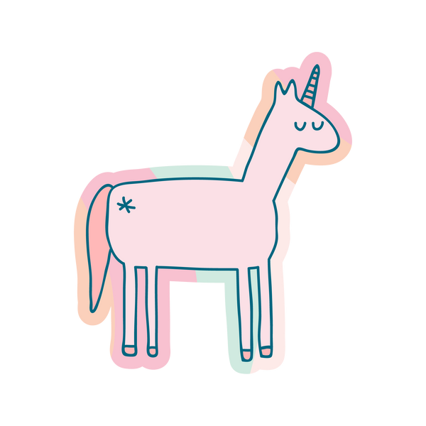 A multicolored, simply drawn unicorn sticker with a small star on the left side of the body.