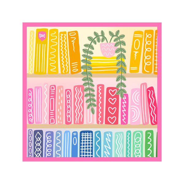 A square shaped sticker with three book shelves printed on along with yellow-toned, pink-toned, and blue-toned books on all three shelves. Top shelf has a potted plant in the middle of the books with hanging vines and a book on the top far-left has "toot" written on the spine.