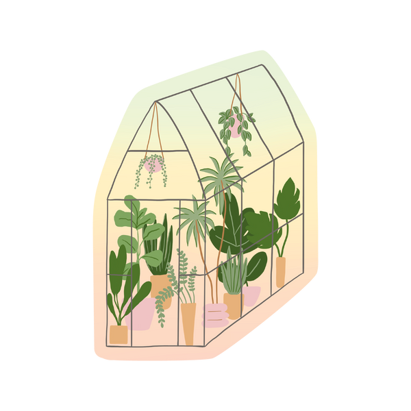 A simply-drawn,  green-house sticker with hanging plants and potted plants. Also has an ombre background.
