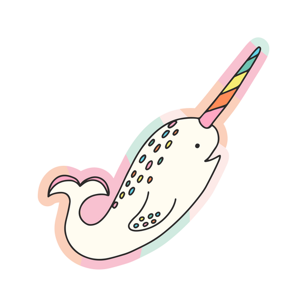 A multicolored, narwhal sticker with a white narwhal printed in the center. Has a multicolored horn and multicolored speckled back.