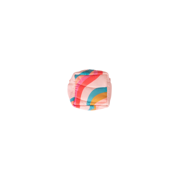 A puffy pouch in pink with red, pink, teal, and orange lines