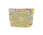 Puffy medium size kaleidoscope floral pattern tweedle dee with pink zipper.