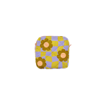 A picture of a cute puffy pouch with a warped checkerboard pattern in citron and periwinkle with camel colored daisies scattered about.