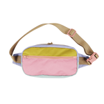 candy block large hip bag with cintron, coral pink and tan color strap.