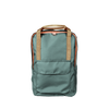 Teal everyday backpack with a hint of pink zipper and tan holder.