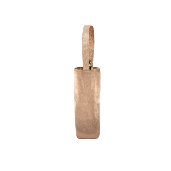 Cute wine tote in gold metallic vegan leather.
