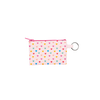 Small, light pink pouch with multicolored mini hearts printed all over and a key ring on the side of the pouch.