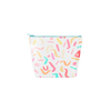 Party Animal Tweedle Dee is a cute cosmetics bag with rainbow confetti pattern and blue zipper.