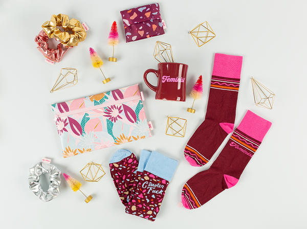 Scrunchies, Bagabond, Front Zip pouch, cluster fuck socks and feminist socks