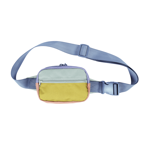 small peri mint block color with a blue strap hip bag.
