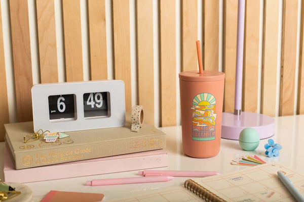 "Good Vibrations" cold cup with 3 TOOT pens, small monthly planner, and 1 washi tape