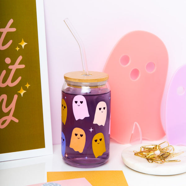 Can Glass with lid in various Halloween designs; Can glass with lid with multi-colored ghosts; 