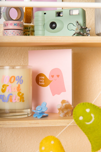 Halloween Greeting card in light pink with pink ghost with heart eyes saying "you my boo"