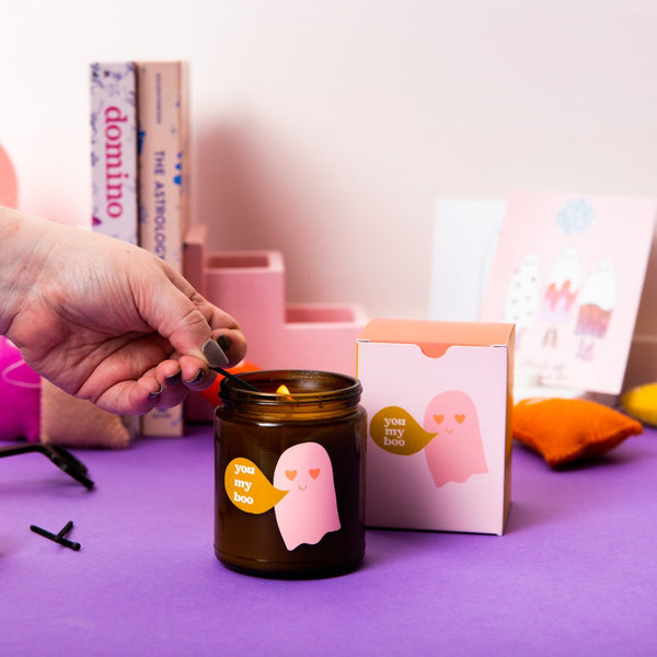 Halloween candle amber jar with lid with pink ghost and word bubble saying "you my boo";