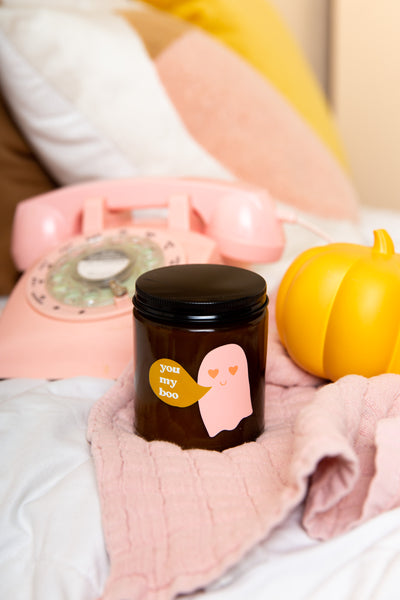 Halloween candle amber jar with lid with pink ghost and word bubble saying "you my boo";