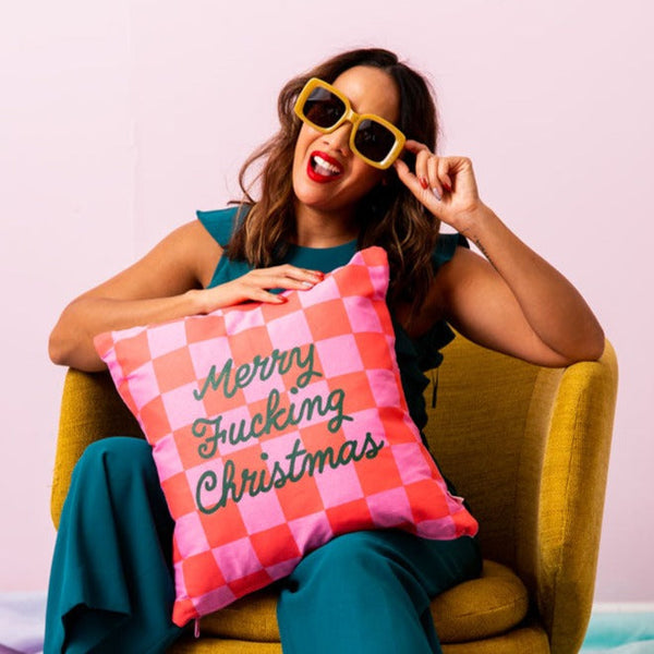 "Merry Fucking Christmas" Pillow in checkers 