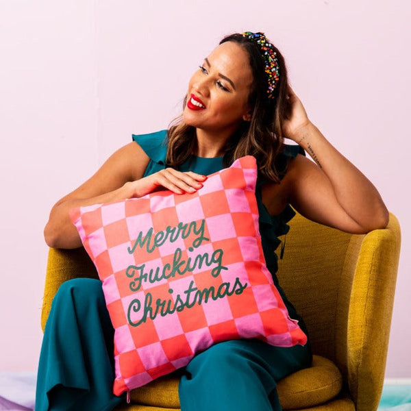 "Merry Fucking Christmas" Pillow in checkers 