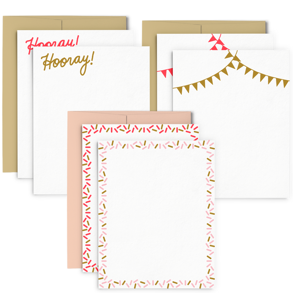 Hooray Set is a cute stationery set with celebratory patterns in 3 designs.