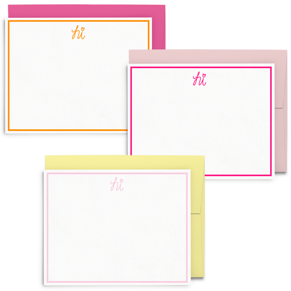 Hi Frame Set is a cute stationery set of hand lettered hi in different colors.