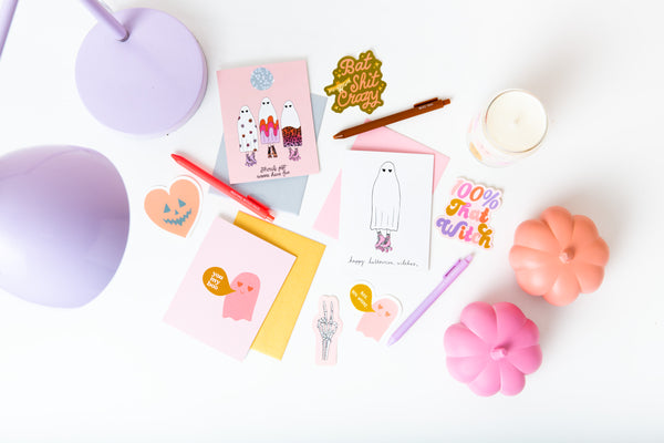Jotter pen set of three with quotes "Resting witch face" "boo yah" "100% that witch" in pink brown and lavender purple.