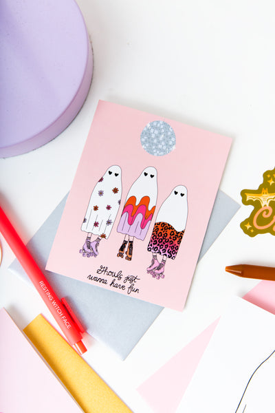 Halloween greeting cards; Greeting card with 3 ghosts in various designs under a disco ball saying "ghouls just want to have fun"; 