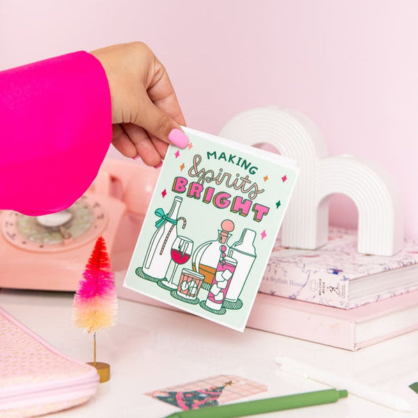 Green & pink "Making Spirits Bright" holiday greeting card.