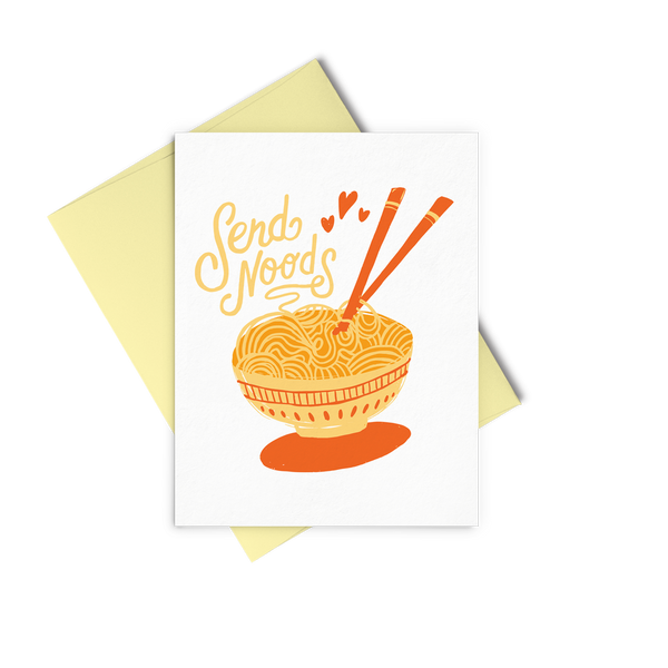 Send Noods is a cute greeting card with a bowl of noodles and a yellow envelope.