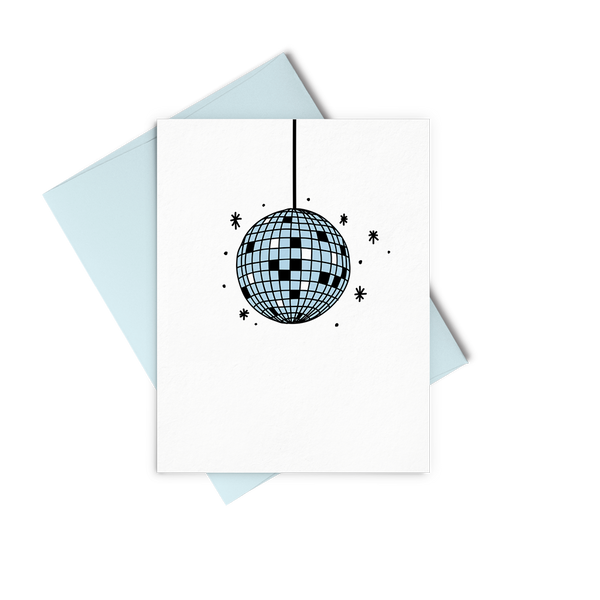 Disco Ball greeting card with a blue envelope.