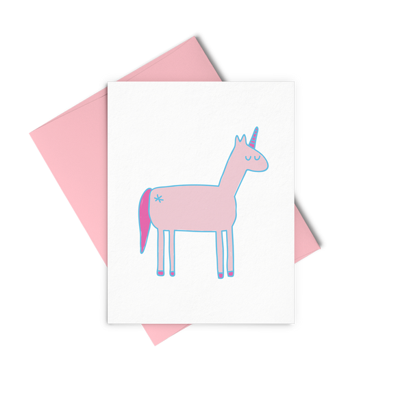 Unicorn greeting card is a pink unicorn illustration and includes a pink envelope.
