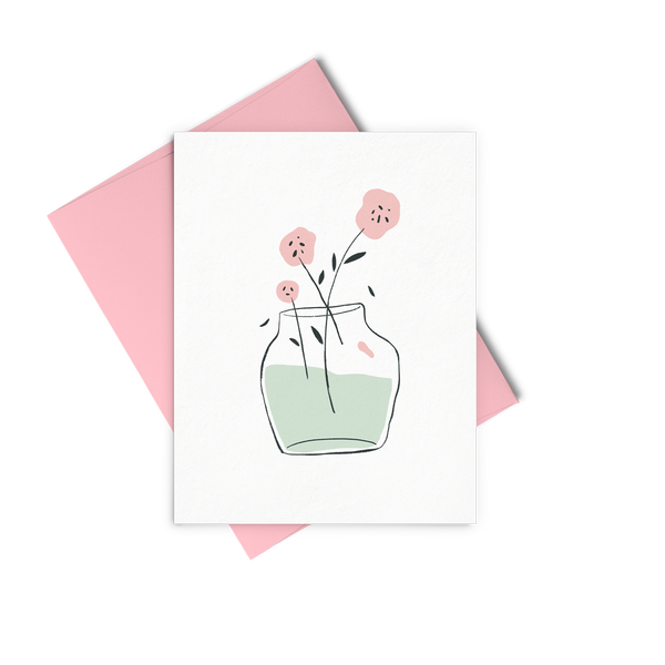 Vase of Flowers greeting card has a pink floral bouquet in a vase and includes a pink envelope.