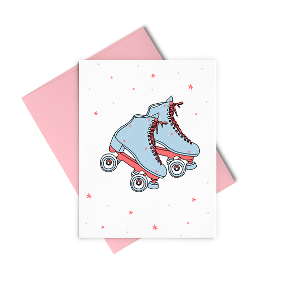Skates is a cute greeting card with blue roller skates and a pink envelope.