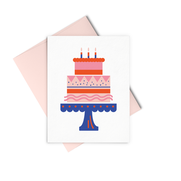 Party Cake is a cute birthday card of a red and pink cake with a pink envelope.