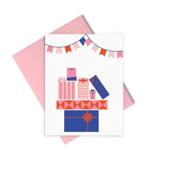 Pile Of Gifts is a cute birthday card with colorful gifts and a pink envelope.