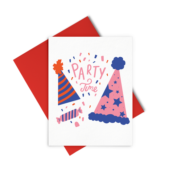 Party Time, Party Hats is a cute birthday card featuring party hats and includes a red envelope.