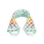 Teal, pastel-colored checkered neck wrap made of soft fabric with a pattern of light green, light orange, light pink, and light purple.