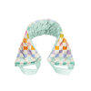Teal, pastel-colored checkered neck wrap made of soft fabric with a pattern of light green, light orange, light pink, and light purple.