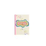 A multicolored Scorpio notebook with simple stars printed diagonally across the cover from the upper left corner, going down to the lower right corner.