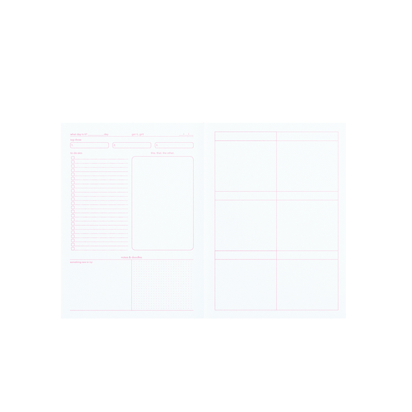 Light blue and pink spreads from a small notebook showing organizing pages.