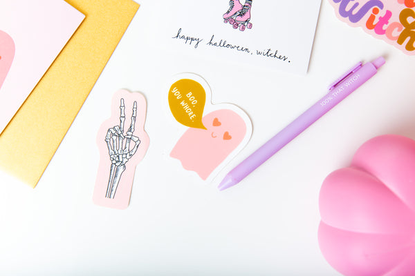 Jotter pen set of three with quotes "Resting witch face" "boo yah" "100% that witch" in pink brown and lavender purple.